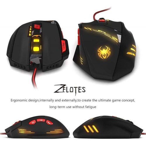  Zelotes T90 Professional 9200 DPI High Precision USB Wired Gaming Mouse,8 Buttons,With 7 kinds modes of LED Colorful Breathing Light, Weight Tuning Set (Black)