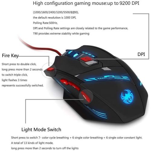  Zelotes T90 Professional 9200 DPI High Precision USB Wired Gaming Mouse,8 Buttons,With 7 kinds modes of LED Colorful Breathing Light, Weight Tuning Set (Black)