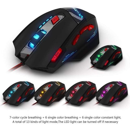  Zelotes T90 Professional 9200 DPI High Precision USB Wired Gaming Mouse,8 Buttons,With 7 kinds modes of LED Colorful Breathing Light, Weight Tuning Set (Black)