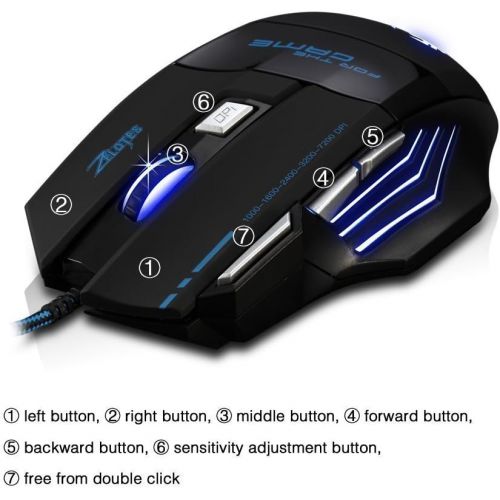  [아마존베스트]AFUNTA Zelotes Ergonomic 7200 DPI LED Optical Wired Gaming Mouse Mice 7 Buttons Compatible Mac Pro Gamer PC Laptop Desktop Notebook-Black Black(T80)