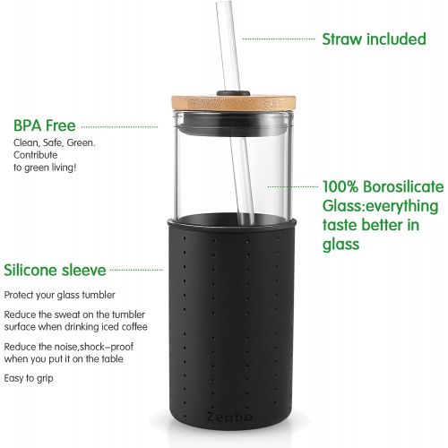  [아마존베스트]Zenbo Glass Tumbler with Silicone sleeve Brorosilicate Glass tumbler/Bamboo Lid,Silicone Sleeve & Straw 24 oz