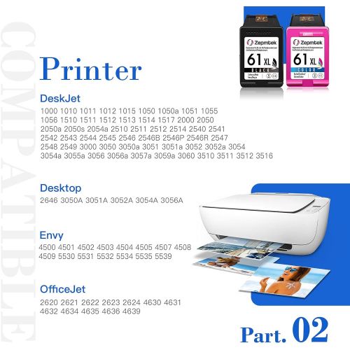  ZepmTek Remanufactured Ink Cartridge Replacement for HP 61XL 61 XL Used with Envy 4500 4502 5530 4501 DeskJet 2512 1512 2542 2540 2544 3000 3052a 1055 OfficeJet 4630 4635 Printer (