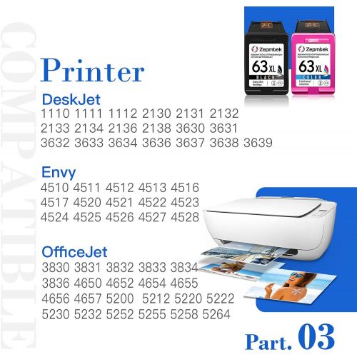  ZepmTek Remanufactured Ink Cartridge Replacement for HP 63XL 63 XL Used with OfficeJet 3830 5252 4650 5258 4655 4652 5255 5200 Envy 4520 4510 DeskJet 3636 1111 3630 1112 Printer (1