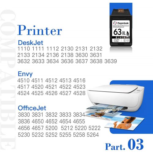  ZepmTek Remanufactured Ink Cartridge Replacement for HP 63XL 63 XL Used with OfficeJet 3830 5252 4650 5258 4655 4652 5255 5200 Envy 4520 4510 DeskJet 3636 1111 3630 1112 3637 3632