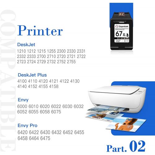  ZepmTek Remanufactured Ink Cartridge Replacement for HP 67XL 67 XL Used with DeskJet 2700 2752 2755 2710 2722 Plus 4100 4152 4155 4140 Pro 6400 6452 6455 Envy 6000 6055 6022 6020 6