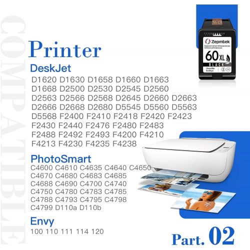  ZepmTek Remanufactured Ink Cartridge Replacement for HP 60XL 60 XL Used with PhotoSmart C4700 C4795 C4600 D110a Envy 120 100 114 DeskJet F4235 F4580 F4400 F2430 F4440 F2480 D1660 P