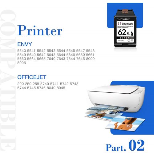  ZepmTek Remanufactured Ink Cartridge Replacement for HP 62XL 62 XL Used with Envy 7640 5642 5663 5540 5643 7645 5660 5661 5544 5542 OfficeJet 5745 5740 250 5746 200 200c 8040 5741