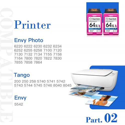  ZepmTek Remanufactured Ink Cartridge Replacement for HP 64XL 64 XL（2 Tri-color）Used with Envy Photo 7800 7858 7155 7855 6255 7100 6252 7158 7164 6222 7120 7130 7100 Tango X Smart H