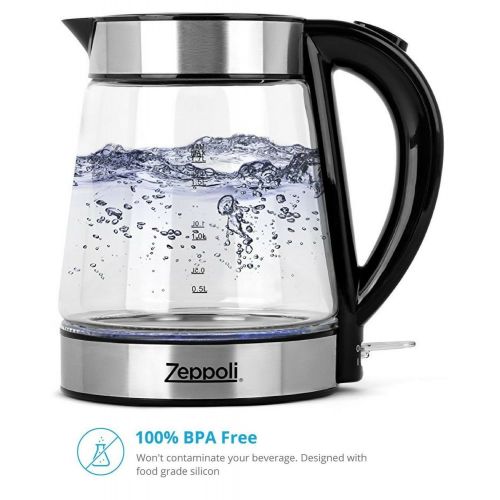  Zeppoli Electric Kettle - Glass Tea Kettle (1.7L) Fast Boiling and Cordless, Stainless Steel Finish Hot Water Kettle  Hot Water Dispenser - Glass Tea Kettle, Tea Pot