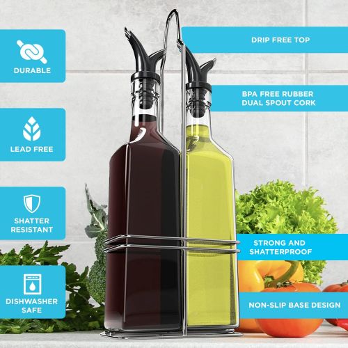  Zeppoli Oil and Vinegar Bottle Dispenser Set with Stainless Steel Rack and Removable Cork - Dual Spout, Pouring Funnel, 4 Spout Seals, 17 oz Olive Oil Bottle and Vinegar Glass Set