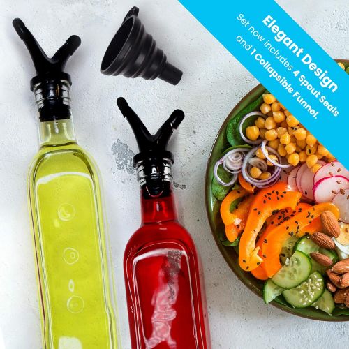  Zeppoli Oil and Vinegar Bottle Dispenser Set with Stainless Steel Rack and Removable Cork - Dual Spout, Pouring Funnel, 4 Spout Seals, 17 oz Olive Oil Bottle and Vinegar Glass Set