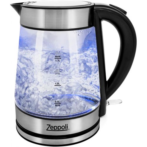  [아마존베스트]Zeppoli Electric Kettle - Glass Tea Kettle (1.7L) Fast Boiling and Cordless, Stainless Steel Finish Hot Water Kettle - Hot Water Dispenser - Glass Tea Kettle, Tea Pot Water Heater