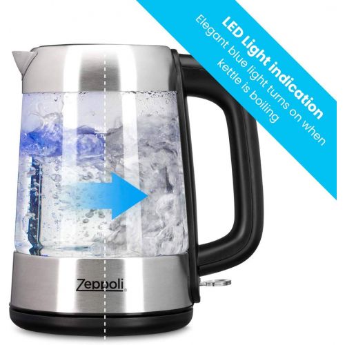 [아마존베스트]Zeppoli Electric Kettle - Fast Boiling and Cordless Glass Tea Kettle (1.7L) Stainless Steel Finish Hot Water Kettle  Hot Water Dispenser, Tea Pot Water Heater with Auto Shut-Off a