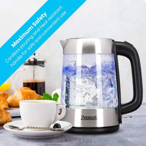  [아마존베스트]Zeppoli Electric Kettle - Fast Boiling and Cordless Glass Tea Kettle (1.7L) Stainless Steel Finish Hot Water Kettle  Hot Water Dispenser, Tea Pot Water Heater with Auto Shut-Off a