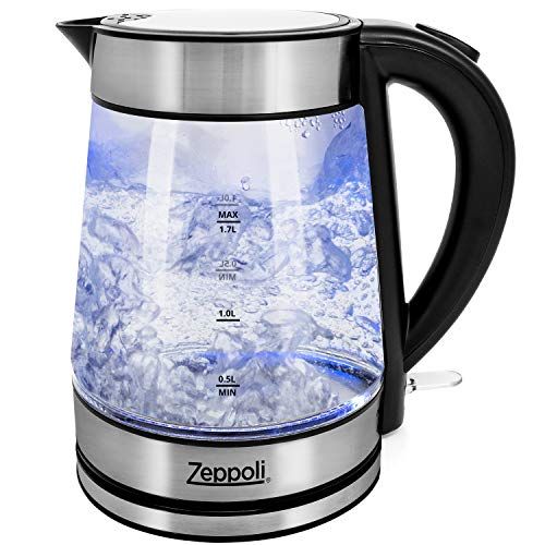  [아마존베스트]Zeppoli Electric Kettle - Glass Tea Kettle (1.7L) Fast Boiling and Cordless, Stainless Steel Finish Hot Water Kettle - Hot Water Dispenser - Glass Tea Kettle, Tea Pot Water Heater