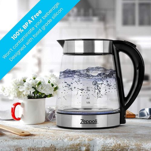  [아마존베스트]Zeppoli Electric Kettle - Glass Tea Kettle (1.7L) Fast Boiling and Cordless, Stainless Steel Finish Hot Water Kettle - Hot Water Dispenser - Glass Tea Kettle, Tea Pot Water Heater