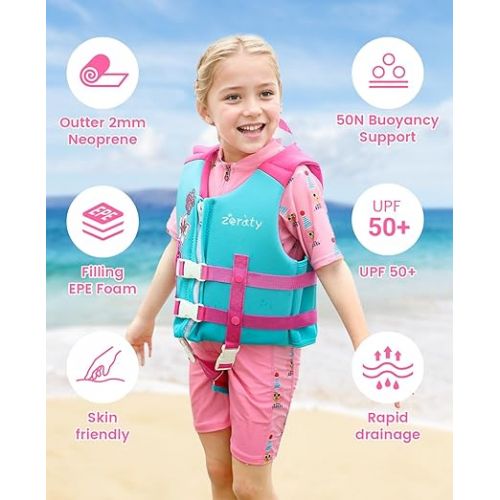  Zeraty Toddler Swim Vest Neoprene Kids Float Jacket Swimming Aid for Children with Adjustable Safety Strap Age 1-9+ Years/22-88Lbs