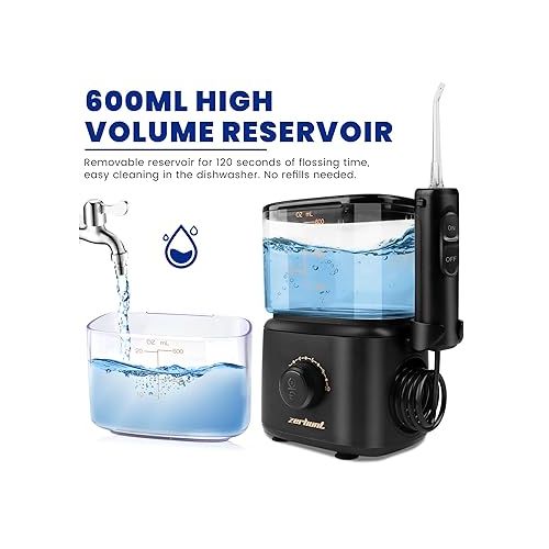  Dental Water Flosser Teeth Cleaner - Zerhunt High Frequency Pulsed Water Flosser Electric Oral Irrigator with 5 Interchangeable Nozzles for Braces, Implants, Bridges, 600ML Large Capacity Black