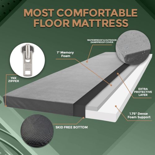  [아마존베스트]Zermatte Roll Up Memory Foam Mattress | Portable Folding Sleep Mat, Pad & Topper for Floor, Bed Frame or Camping Cot with Waterproof Cover, Travel Bag w/Straps, Eye Mask & Ear Plug