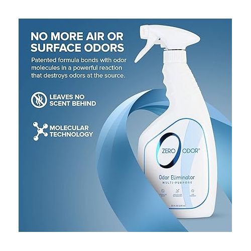  Zero Odor Multi-Purpose Odor Eliminator - Air & Surface Odor - Patented Technology Best for Bathroom, Kitchen, Fabrics, Closet- Smell Great Again, 22oz (Over 500 Sprays)