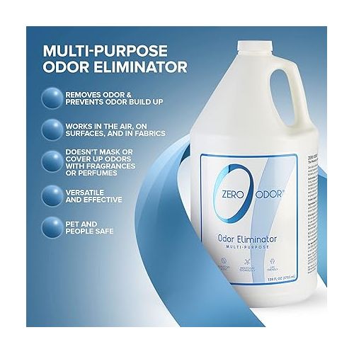  Zero Odor - Multi-Purpose Odor Eliminator - Eliminate Air & Surface Odor - Patented Technology Best for Bathroom, Kitchen, Fabrics, Closet- Smell Great Again, 128oz Refill