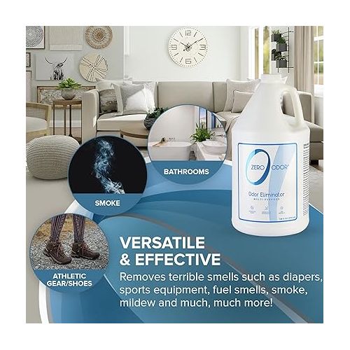  Zero Odor - Multi-Purpose Odor Eliminator - Eliminate Air & Surface Odor - Patented Technology Best for Bathroom, Kitchen, Fabrics, Closet- Smell Great Again, 128oz Refill