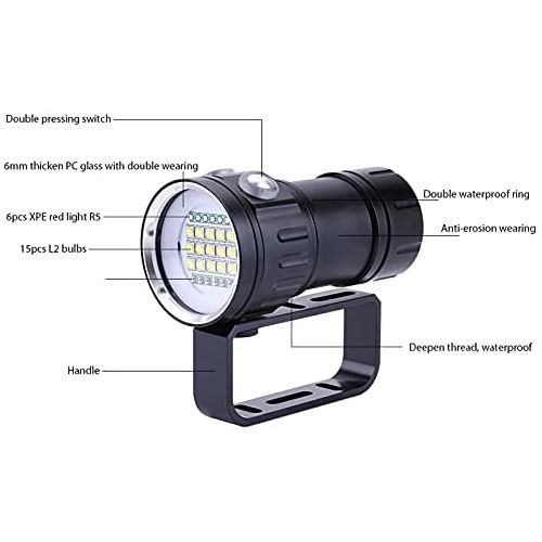  Zerodis Taucherlampe, IPX8Wasserdichte 18.000LM 500m Bright Perlen Submarine Unterwasser Tauchen 80m Taschenlampe Beleuchtung Lampe Handheld Video Fotografie Taschenlampe mit Griff Hal