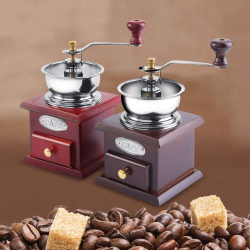  Zerodis Manuelle Kaffeemuehle Retro Holz Hand Kaffeemuehle Kaffee Korn Burr Mill Maschine mit Catch Drawer(Red Wooden)
