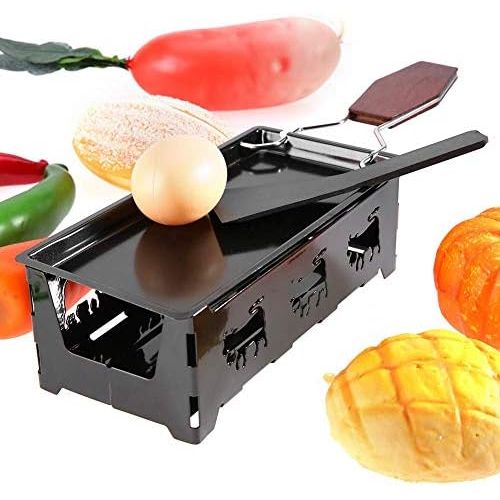  [아마존베스트]Zerodis Mini Raclette Foldable Tea Light Raclette Non-Stick Rotaster Baking Tray Set Carbon Steel Home Kitchen Grill Tool with Wooden Handle