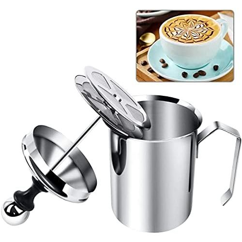  [아마존베스트]Zerodis Manual Milk Frother Stainless Steel Double Mesh 400ml/800ml Latte Cappuccino Macchiato Hot Chocolate Coffee (400ml)