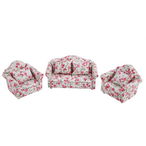  Zerodis Doll House Sofa, 1/12 Scale Miniature Flower Pattern Sofa Cushion Set Doll House Furniture Accessory Living Room Decor for Dollhouse(#2)