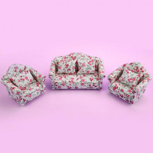  Zerodis Doll House Sofa, 1/12 Scale Miniature Flower Pattern Sofa Cushion Set Doll House Furniture Accessory Living Room Decor for Dollhouse(#2)