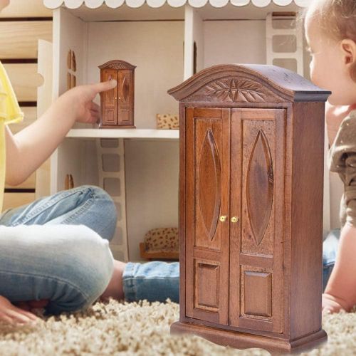  Zerodis Dollhouse Wardrobe,1:12 Simulation Miniature Bedroom Furniture Wooden Vintage Cabinet for Fairy Gardens Doll House Decoration Accessories (Brown)