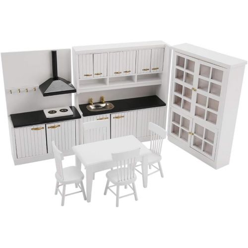  Zerodis 1:12 Scale Doll House Mini Dining Room Kitchen Furniture Model Set, Dollhouse Miniature Desk Chair Storage Rack Ornaments Decoration Kit