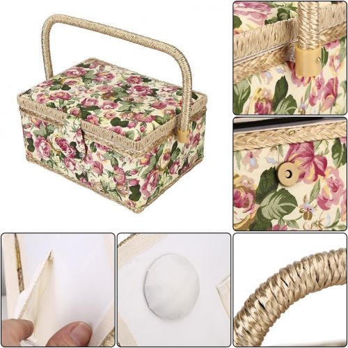  Zerone Wicker Picnic Basket, Oval Double Lidded Fruit Basket Wicker Linen Floral Picnic Storage Basket Container Case Box Cloth Toy Organizer Holiday Camping Use Home Store Gift Decor