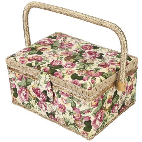  Zerone Wicker Picnic Basket, Oval Double Lidded Fruit Basket Wicker Linen Floral Picnic Storage Basket Container Case Box Cloth Toy Organizer Holiday Camping Use Home Store Gift Decor