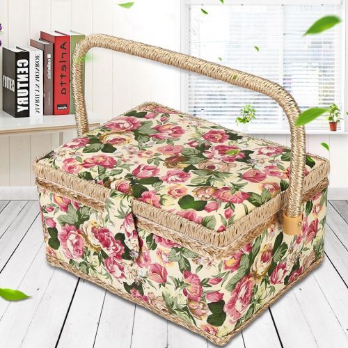  Zerone Wicker Picnic Basket, Oval Double Lidded Fruit Basket Wicker Linen Floral Picnic Storage Basket Container Case Box Cloth Toy Organizer Holiday Camping Use Home Store Gift Decor