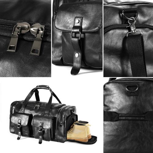  Zeroway PU Leather Travel Duffel Bag with Shoe Pouch, Carry on Bag Weekender Bag for Men Women