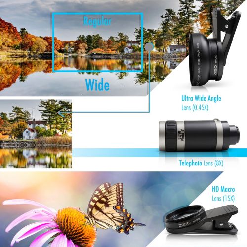  Zeso lens Camera Lens Kit by Zeso | Professional Telephoto, Macro & Wide Angle Lenses | Multi-use tripod And Selfie Remote Control | For iPhone, Samsung Galaxy, iPads, Tablets | Hard Case &