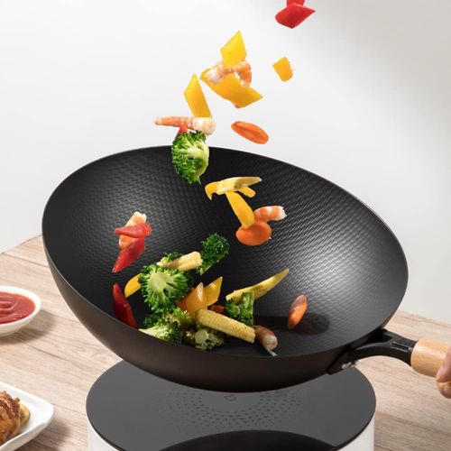  zhaohupinpai 12.5 Inch Stir Fry Pan? Home Uncoated Old Fashioned Cooking Wok ? 32cm Round Bottom Non Stick Pan ? Wear Resistant and Rust Resistant ? Beech Wood Handle ?Dont Pick Th