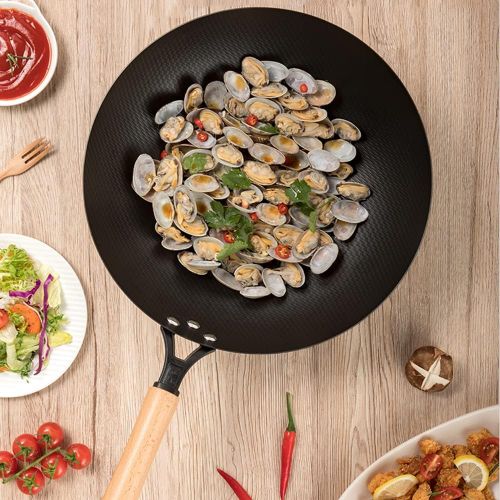  zhaohupinpai 12.5 Inch Stir Fry Pan? Home Uncoated Old Fashioned Cooking Wok ? 32cm Round Bottom Non Stick Pan ? Wear Resistant and Rust Resistant ? Beech Wood Handle ?Dont Pick Th