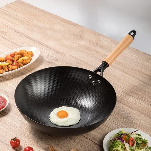  zhaohupinpai 12.5 Inch Stir Fry Pan? Home Uncoated Old Fashioned Cooking Wok ? 32cm Round Bottom Non Stick Pan ? Wear Resistant and Rust Resistant ? Beech Wood Handle ?Dont Pick Th