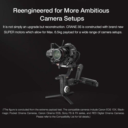  Zhiyun Crane 3S 3-Axis Handheld Gimbal Stabilizer for DSLR Cameras and Camcorder, 6.5kg Payload, Extendable Roll Axis, 12 Hours or Longer Continuous Uptime, DC-in, TransMount Smart