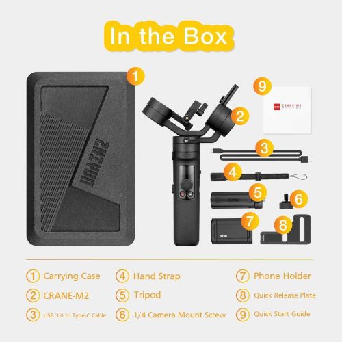  ZHIYUN Crane M2 3-Axis Gimbal Stabilizer for Light Mirrorless Camera,Action Camera,Smartphone,for Sony A6000,A6300,A6500,RX100M,GX85,Gopro Hero 5/6/7,iPhone Xs XR,WiFi/Bluetooth Co