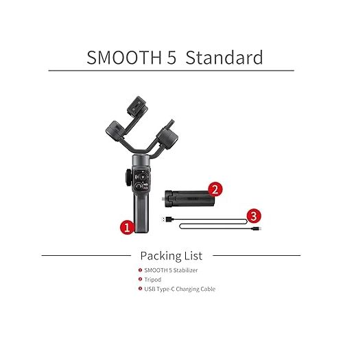 지윤텍 Zhiyun Smooth 5 Phone Gimbal, 3-Axis Handheld Smartphone Stabilizer with Grip Tripod, AI Face Tracking for iPhone Android Portable & Foldable, YouTube TikTok Video, FiLMiC Pro