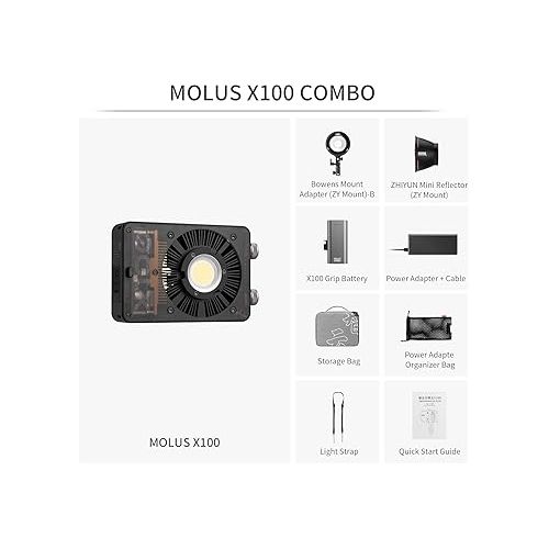 지윤텍 Zhiyun Molus X100 Combo 100W Bi-Color LED Video Light, 385g LED Pocket Light, 2700K-6500K CRI 95+ TLCI 97+w/Bowens Mount Adapter Ring, Detachable Grip Battery,Bluetooth App Control, Studio Spotlight