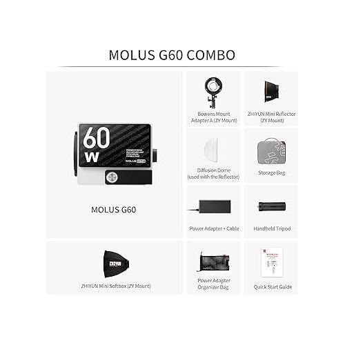 지윤텍 Zhiyun Molus G60 Combo Softbox Lighting Kit, 60W Bi-Color LED Video Light, 11194Lux CRI/TLCI 96+/97+ 2700K-6500K with Bowens Mount Accessories, APP Control Photography Lighting for Video Recording