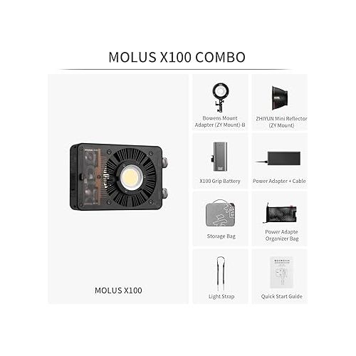 지윤텍 Zhi yun Molus X100 Combo 100W LED Video Light CCT 2700K~6500K CRI≥95 TLCI≥97 ZY Mount App Control Music Mode Continuous Lighting w/Bowens Adapter+Grip Battery for Studio, YouTube, Vlog, Live, etc