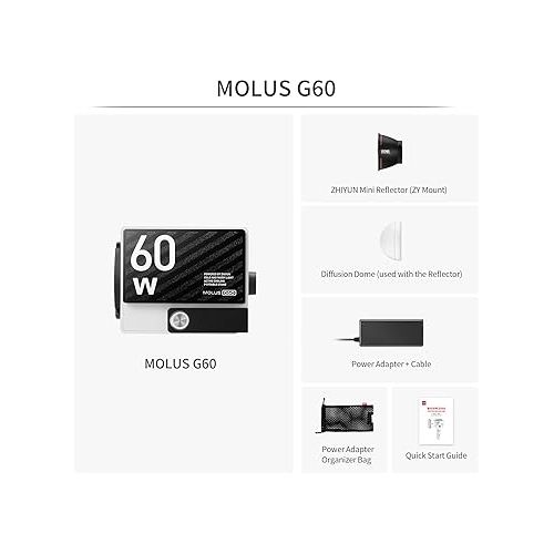 지윤텍 Zhiyun MOLUS G60 Bi-Color Video Light,60W Portable Photography Light, Continuous Output Lighting with APP Control 2700K~6500K/CRI 96+/TLCI 97+/11194 Lux@0.5m, for Outdoor, Photography, Studio Video