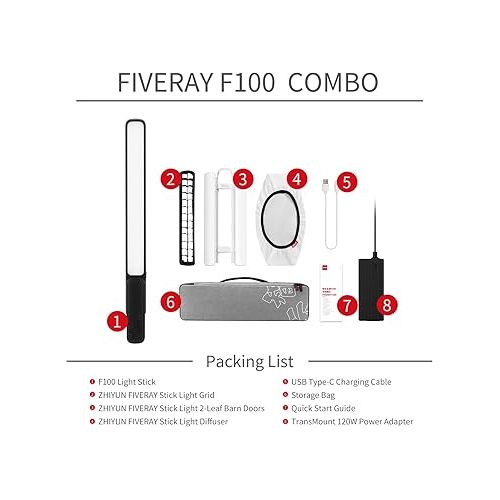 지윤텍 ZHIYUN FIVERAY F100 Comb Black, Handheld Light Wand Led Video Stick Light,100W RGB 2700K~6200K Stand for Studio Photography, Live Streaming, Interviewing, Vlogging